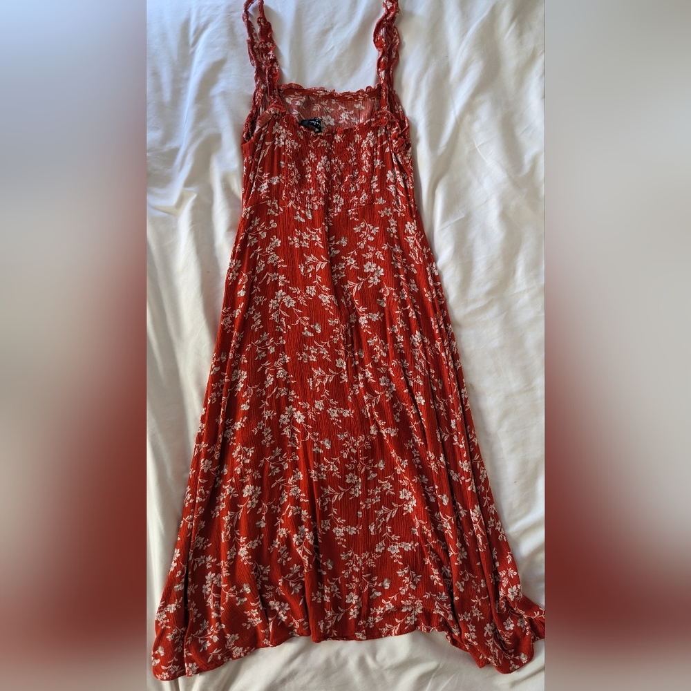 Garden Date Red Orange Floral Print Ruffle Midi Dress